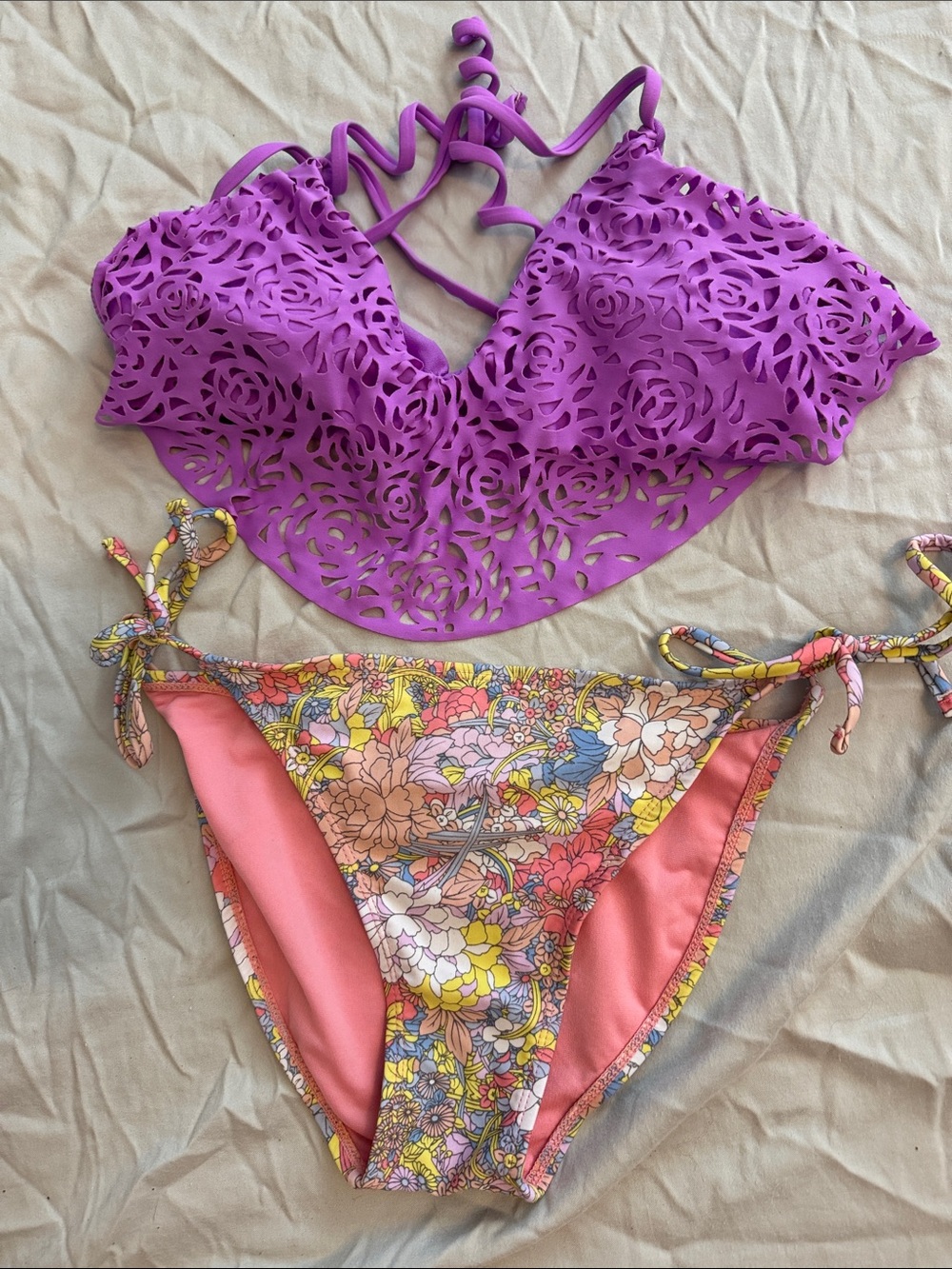 Women’s Two Piece Swim Set - Purple Top with Floral Bottom